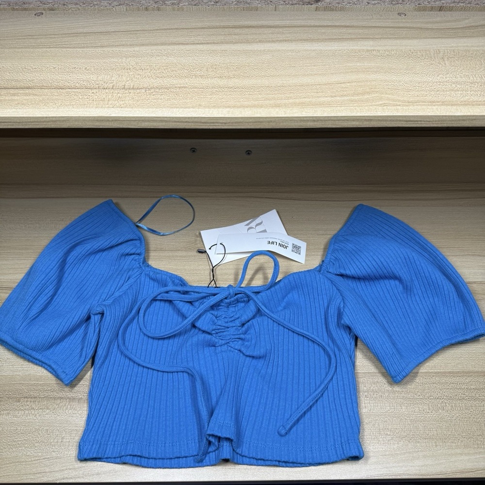 Zara Puffed Short Sleeve Ribbed Cropped Top Turquoise Blue 90s Boho Size L‎